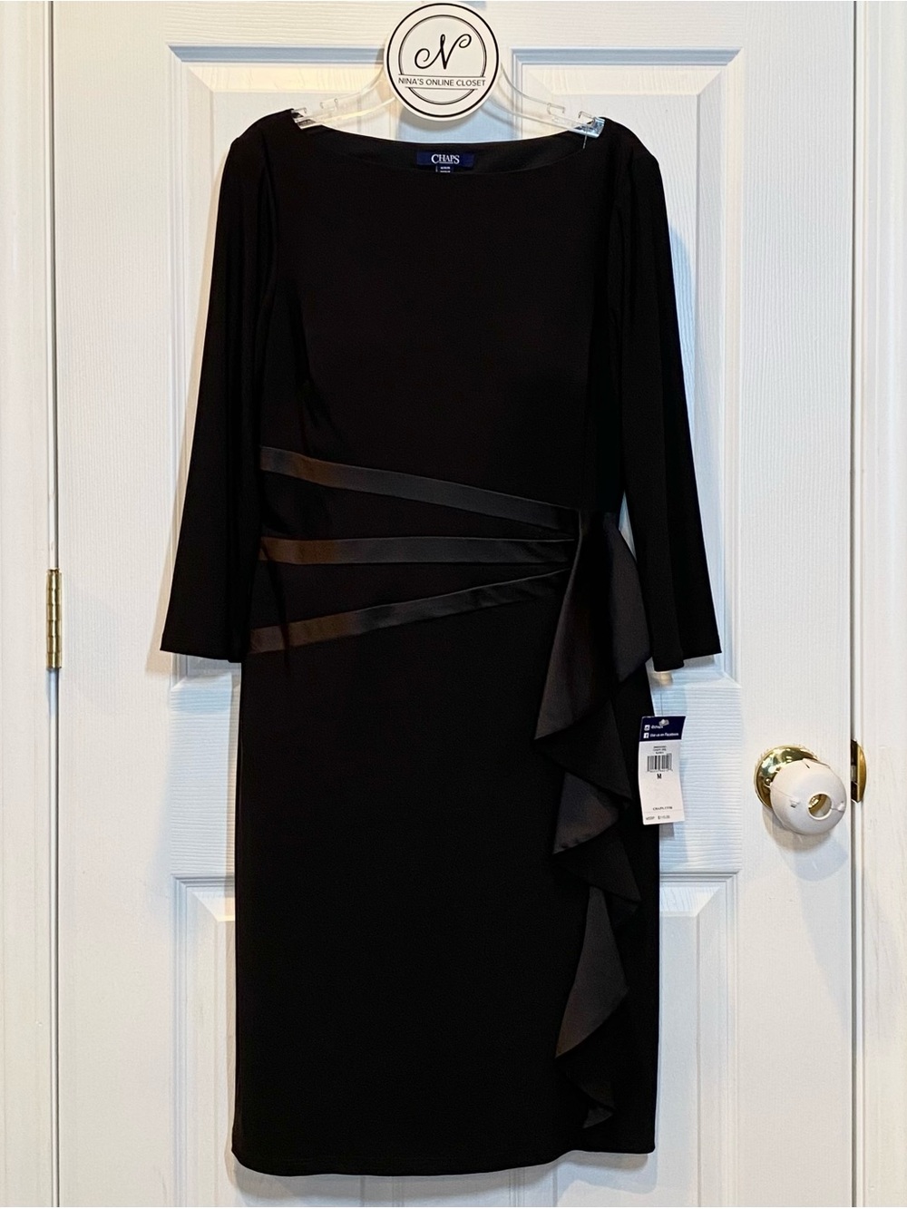 CHAPS Women’s Three-Quarter Sleeves Dress with Side Ruffle Black Size M